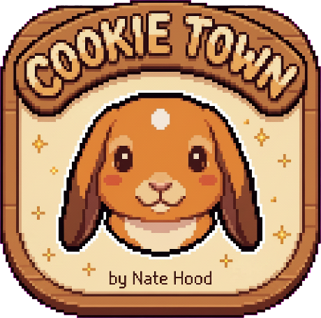 Cookie Town logo — a pixel-art lop-eared bunny on a wood badge